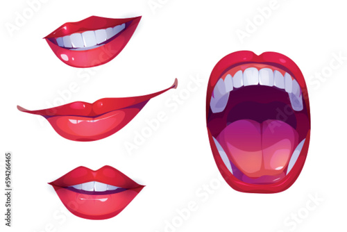 Woman mouth illustration vector set. Cartoon female lips with scream and smile emotion. Isolated girl lip, tongue and teeth expression for yelling and screaming. Young shouting lady drawing. photo
