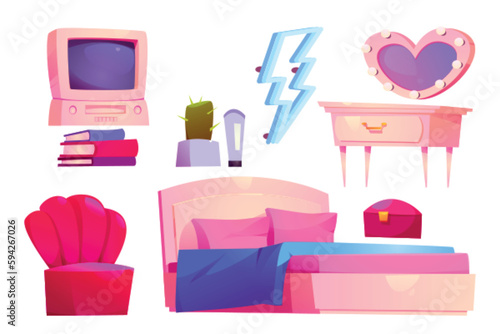 Girl bedroom interior with bed with pink pillows, retro computer in y2k style, dressing table, mirror with light bulbs, books, cactus and armchair, vector cartoon illustration