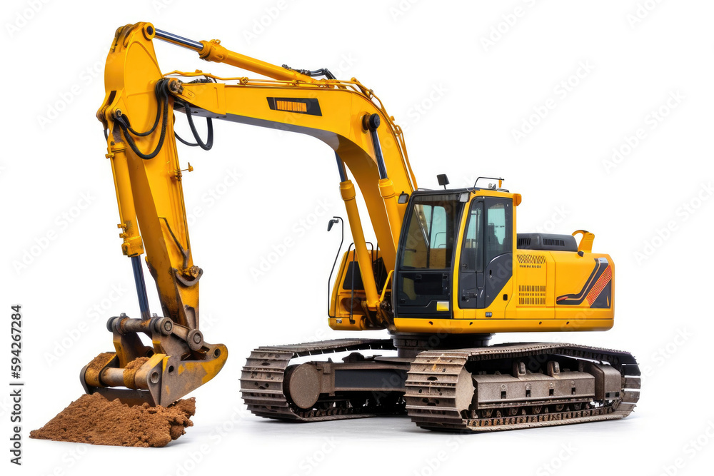 Powerful excavator with an extended bucket close-up. Construction equipment for earthworks. Generative AI Powerful excavator with an extended bucket close-up. Construction equipment for earthworks. Generative AI
