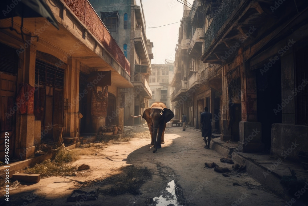 Elephant walking through the streets. Generative AI
