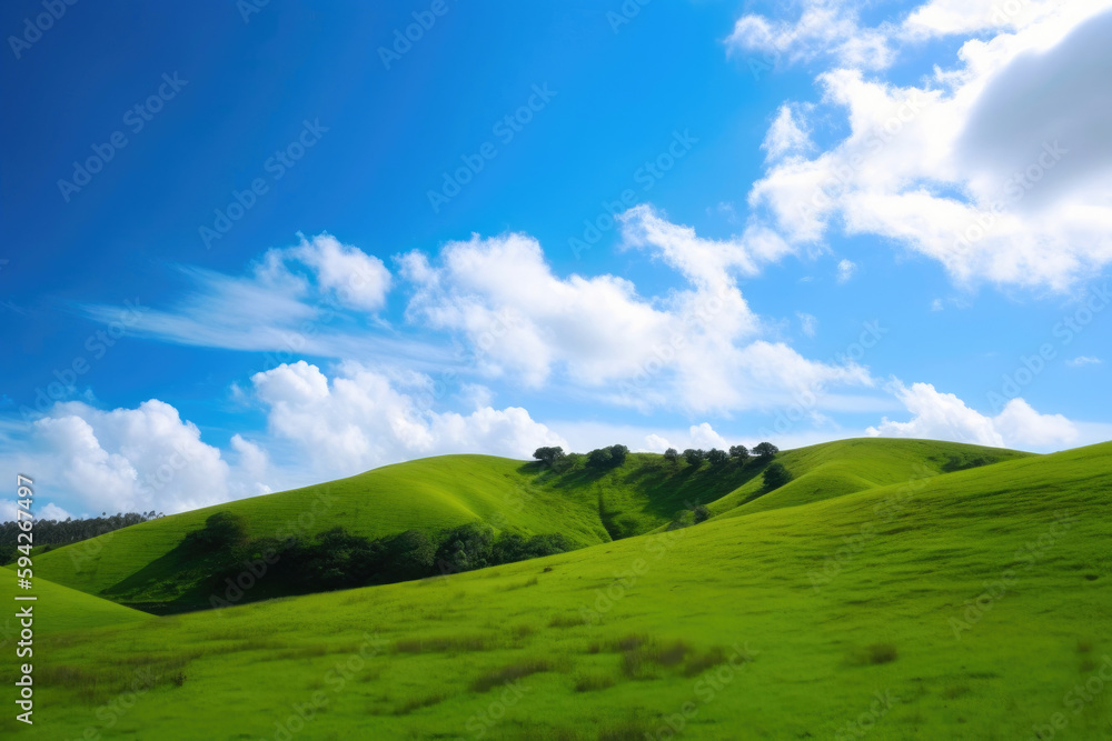 Green hills and a blue sky with clouds. Generative AI