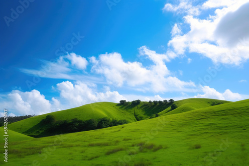 Green hills and a blue sky with clouds. Generative AI