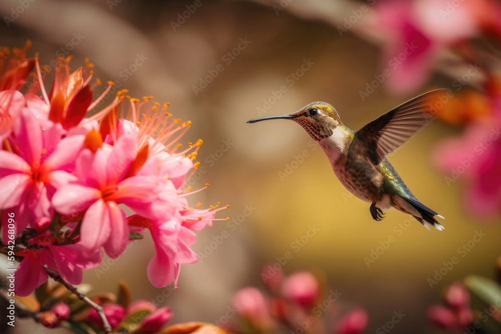 Fototapeta premium Ruby-throated Hummingbird and pink summer flowers. Generative AI
