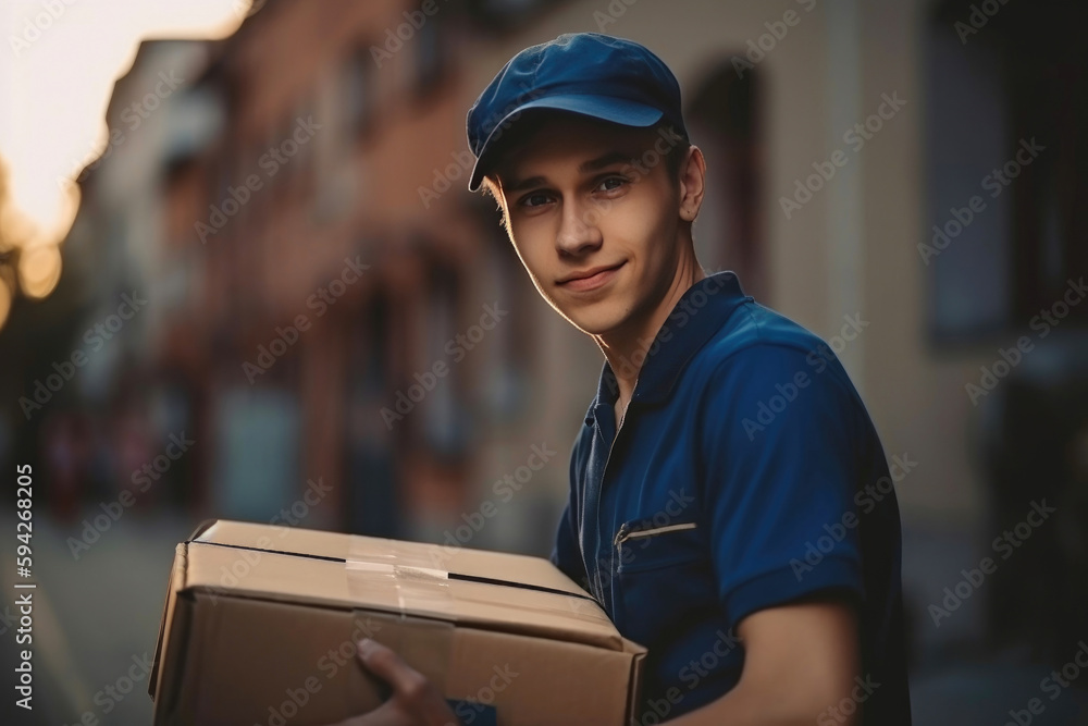 Portrait of a young happy pleasant male courier in a blue polo shirt and cap with a parcel box in his hands outdoors. Generative AI Portrait of a young happy pleasant male courier in a blue polo shirt and cap with a parcel box in his hands outdoors. Generative AI