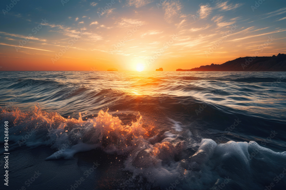 Beautiful sunrise. Beautiful sunset over the sea with rays light. Generative AI