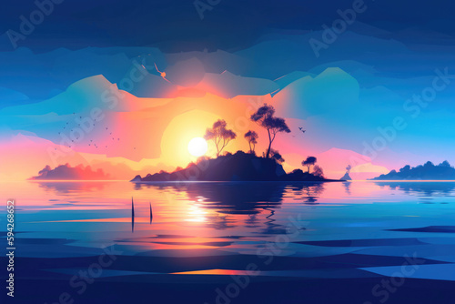 Sunrise Landscape, with paradise island. Peaceful Contemporary Background with blue Gradient Sky. Generative AI