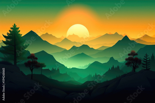 Sunrise Landscape with mountain. Peaceful Contemporary Background with green Gradient Sky. Generative AI