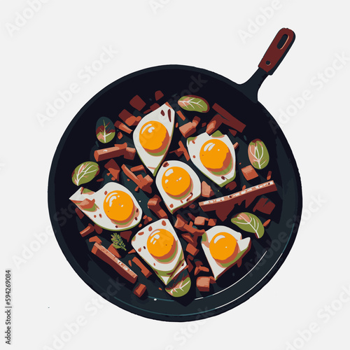 Frying pan with eggs and bacon, frying pan with breakfast, breakfast illustration vector