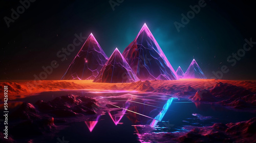 Neon background with glowing triangles, futuristic terrain. Generative AI.