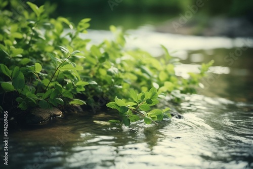 Beautiful spring detailed close up stream of fresh water with young green plants. Horizontal banner  springtime concept. Abstract outdoor wild nature background. AI generative image. Generative AI