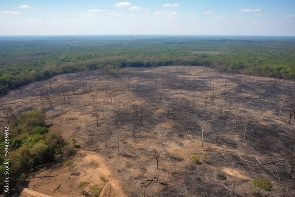 Amazon rainforest illegal deforestation landscape view of trees cut and burned to make land for agriculture and cattle pasture in Para, Brazil. Concept of ecology, environment, global. Generative AI