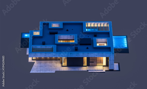 3d rendering of new concrete house in modern style with pool and parking for sale or rent only one floor in evening. Isolated on black