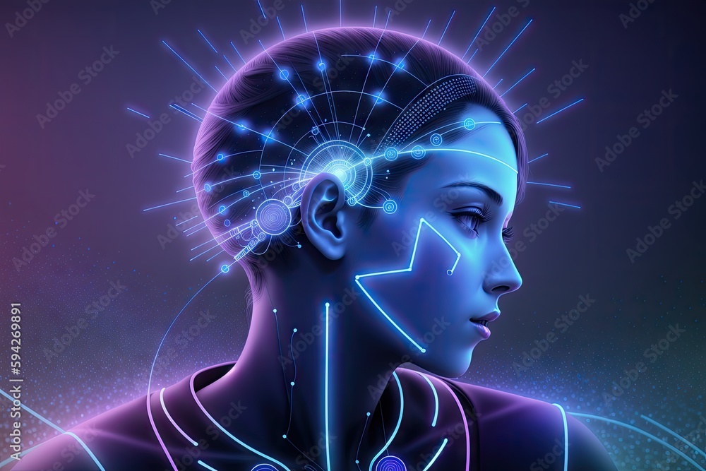 Obraz premium Artificial intelligence in virtual reality. Robot head conceptual design portrait, blue and purple lines, generative ai
