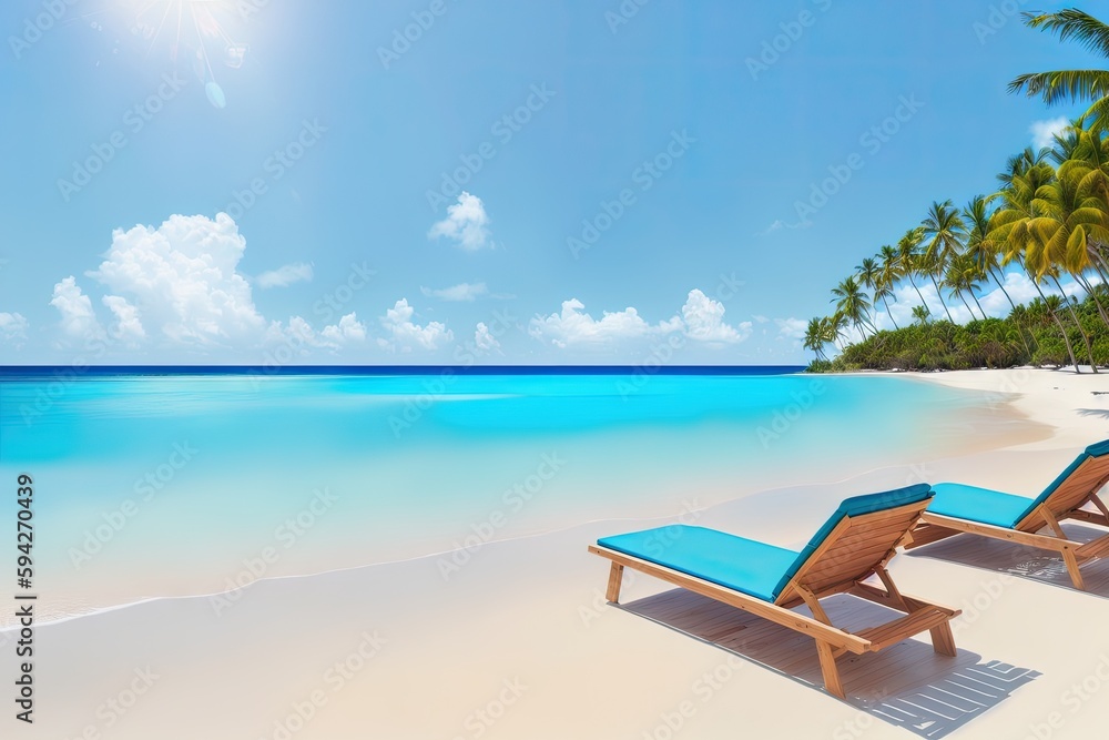 Empty beach chairs next to a palm tree at the beach during a summer vacation, generative ai Empty beach chairs next to a palm tree at the beach during a summer vacation, generative ai