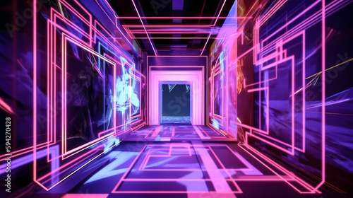 An image featuring ultraviolet neon squares and glowing lines in a tunnel was created using generative AI - generative AI.