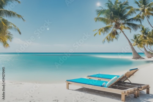 Empty beach chairs next to a palm tree at the beach during a summer vacation  generative ai