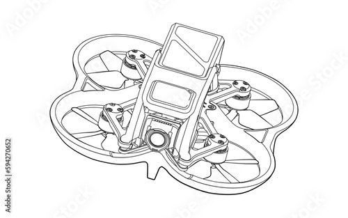 Drone Quadrocopter FPV Line Stroke. Drone Vector Isolated. White Background. R23001