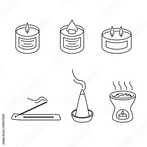 Incense sticks, incense cones, candles, aroma lamp vector editable stroke. Home fragrance icons set