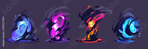 Vfx tornado game cartoon storm effect set isolated. Blue flash twirl with cloud. Magic energy power motion. Magician destructive funnel swirl. Different orange force spell with flame png asset kit.