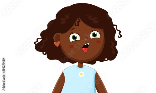 Amazed Funny Little Black skin Girl Cartoon Character Illustration.Suprised cute child isolated white backround.Vector