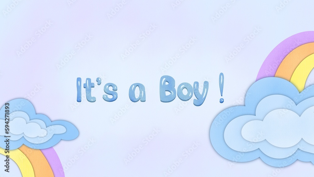 paper cut poster for Gender Reveals Party. Baby Shower celebration, greeting and invitation card on blue background with flowers and lettering text. It's a boy!
