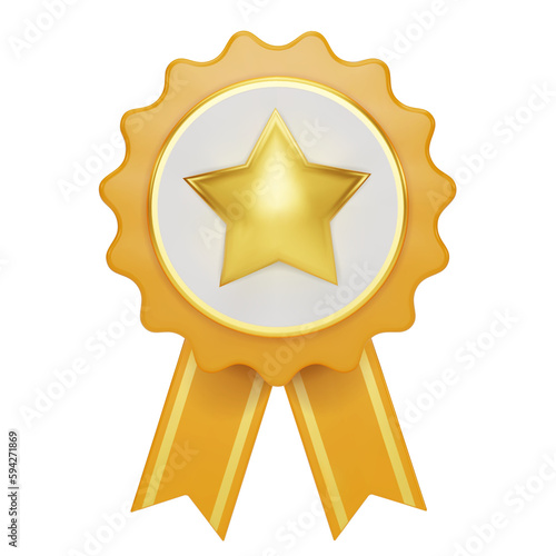 3D quality guarantees a medal with a star and ribbon. Yellow badge warranty icon isolated on white background. Realistic graphics Certificate Badge icon, award badge. 3D png illustration.