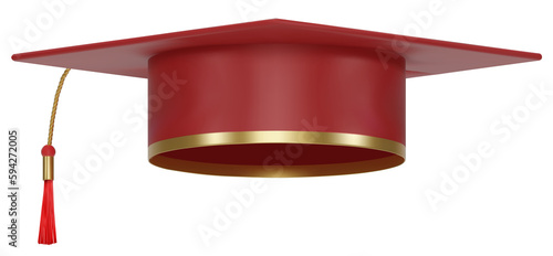 3D realistic Graduation university or college dark red cap isolated on white background. Graduate college, high school, Academic, or university cap. Hat for degree ceremony. 3D png  illustration.