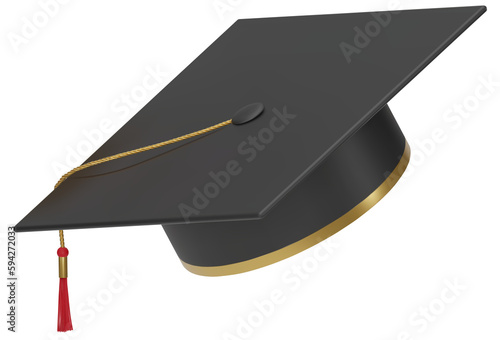 3D realistic Graduation university or college black cap isolated on white background. Graduate college, high school, Academic, or university cap. Hat for degree ceremony. 3D png illustration.