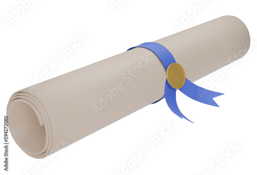 Diploma, close up of paper scroll with blue ribbon isolated on white background. Graduation Degree Scroll with Medal. Education certificate graduation scroll icon. 3D png illustration.