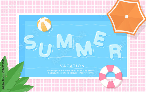 Summer template on swimming pool background with swim ring.
