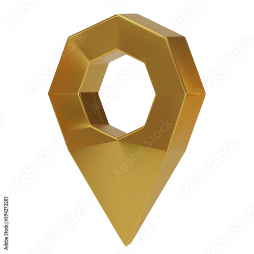 Golden map pointer isolated on background. Gold location pin or navigation. 3D Locator mark of map pointer, symbol, position. 3D png illustration.