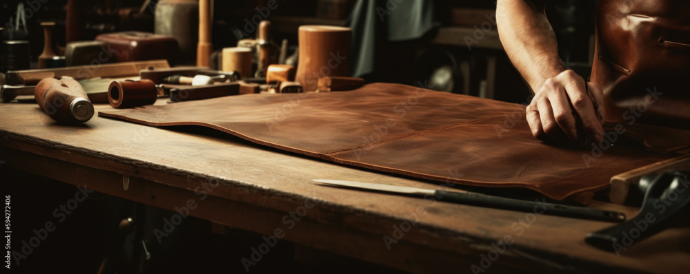 Leathersmith or leather craftsman laying out a pice of brown leather. Work place of leather smith. Generative AI. Leathersmith or leather craftsman laying out a pice of brown leather. Work place of leather smith. Generative AI.