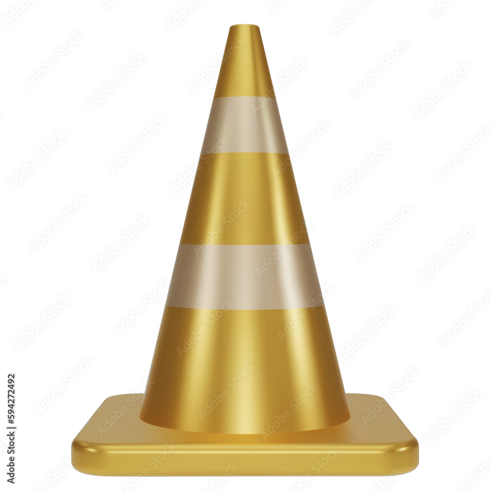 3d traffic cones with white and gold stripes isolated on white background. Construction cone icon. Single golden traffic warning cone. Under construction, and maintenance. 3D png illustration. 3d traffic cones with white and gold stripes isolated on white background. Construction cone icon. Single golden traffic warning cone. Under construction, and maintenance. 3D png illustration.