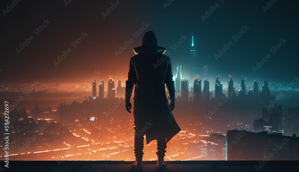 Fototapeta premium Person on roof, Scifi background