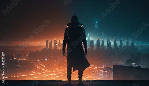 Person on roof, Scifi background
