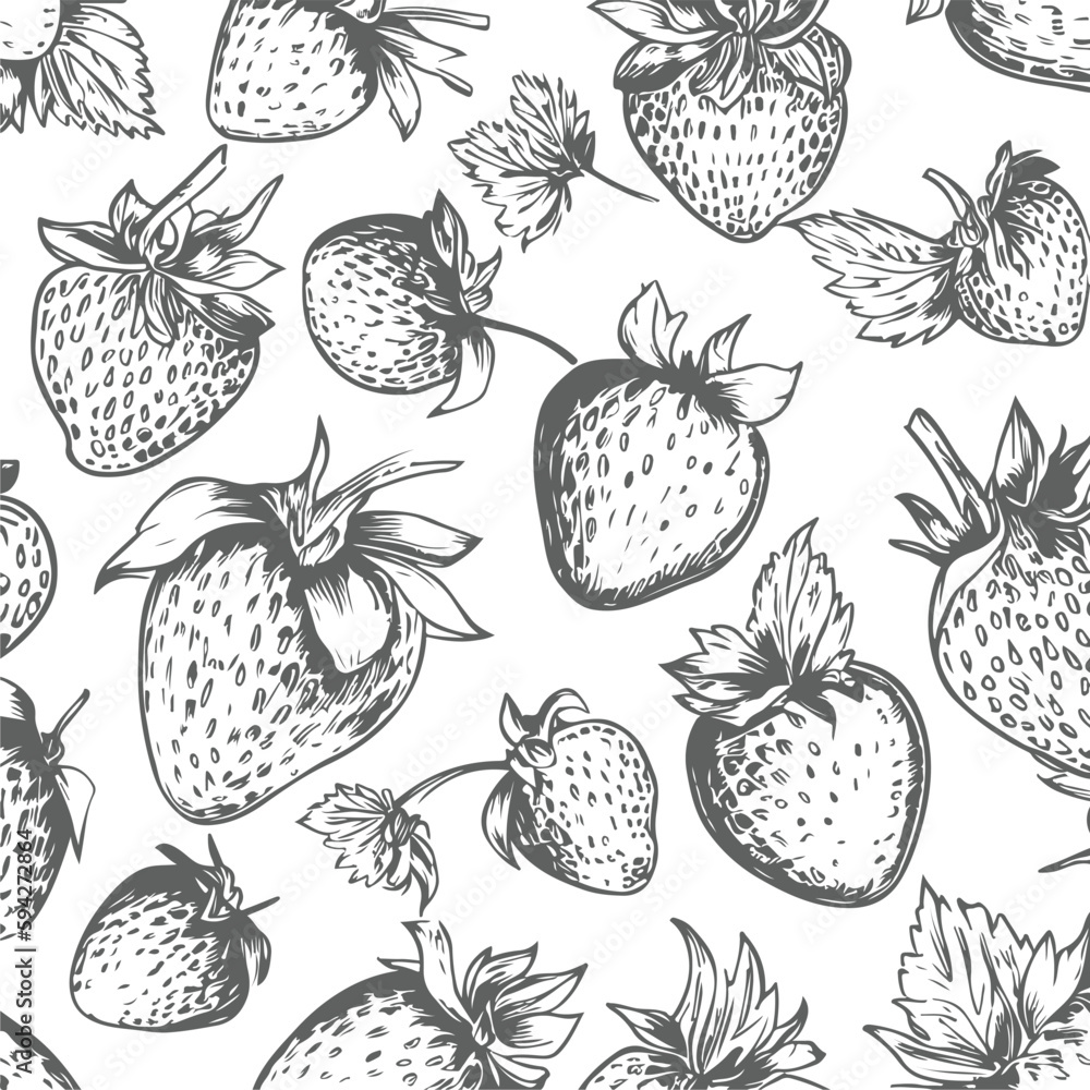 Hand-drawn strawberry tropical seamless pattern vector illustration with white background. high-detail strawberry vector. seamless fruit pattern