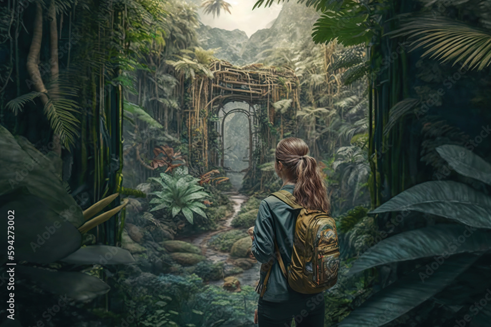 Unrecognizable woman traveler with backpack in greens jungle ,rainforest. Adventure, travel, tourism,ecotourism freedom and active lifestyle concept, AI Generative