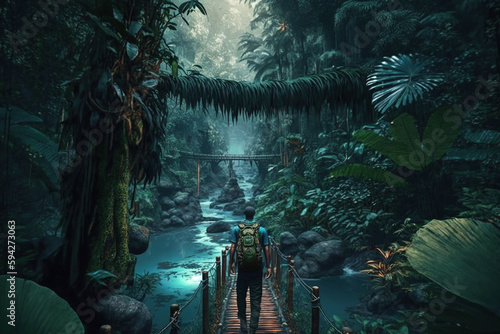 Unrecognizable man traveler with backpack in greens jungle   rainforest. Adventure  travel  tourism  ecotourism freedom and active lifestyle concept  AI Generative