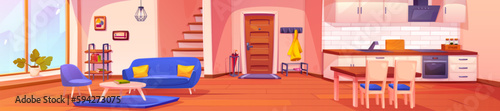 Panoramic view of cartoon home interior with furniture. Vector illustration of modern studio apartment hallway, kitchen, living room and stairs. Cozy house with large window, couch, dining table