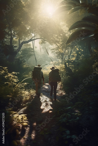 Unrecognizable two travelers with backpack in greens jungle ,rainforest sunlight. Adventure, travel, ecotourism freedom and active lifestyle concept, AI Generative photo