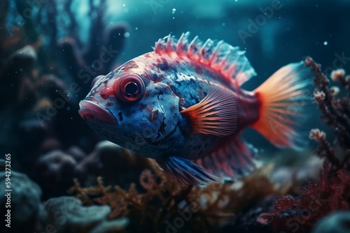 Fish swimming underwater in the ocean between corals