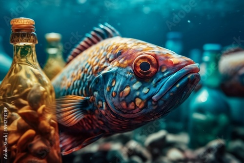 Fish swimming in polluted sea, between plastic bottles. Ai, generative ai