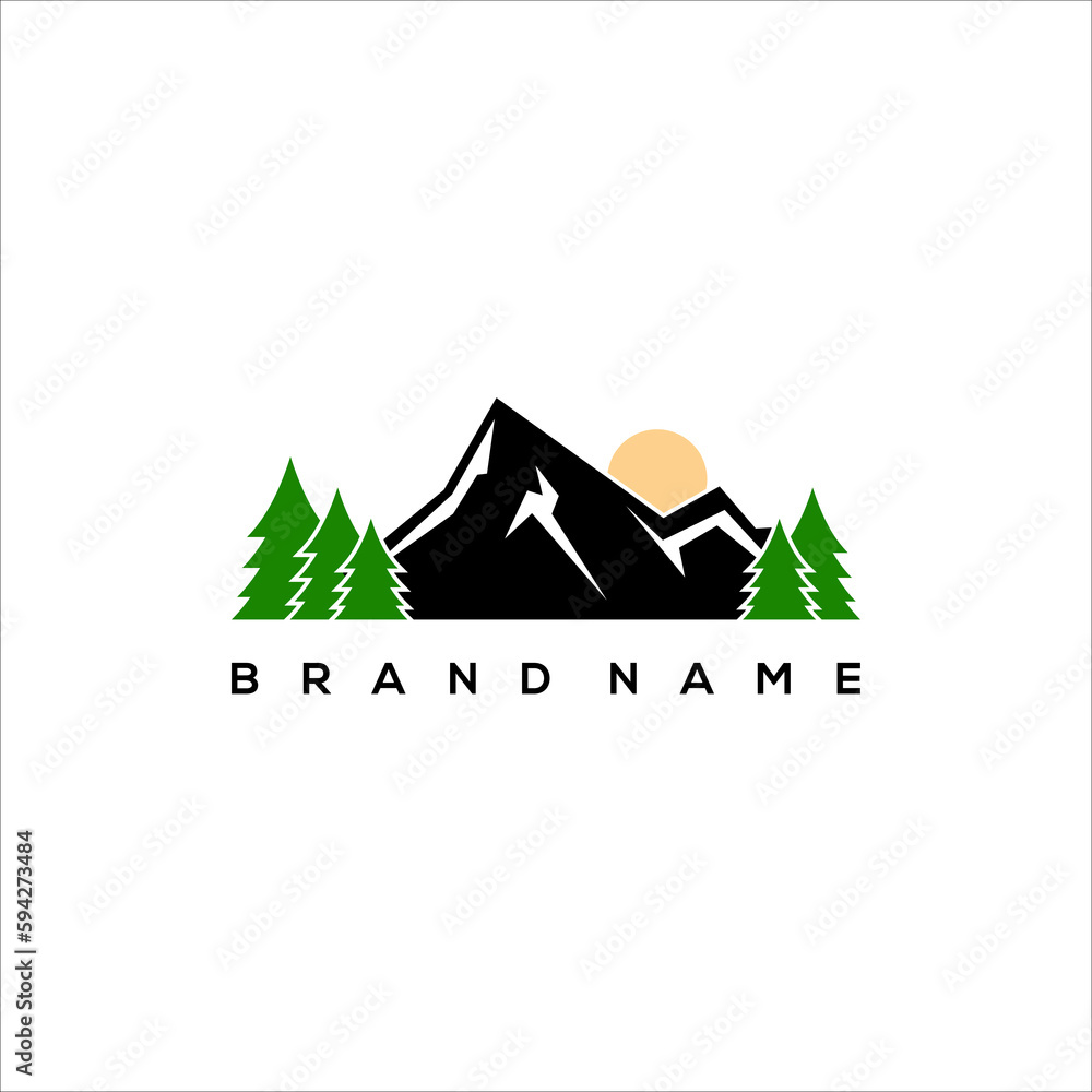 Mountain pine and sun logo vector