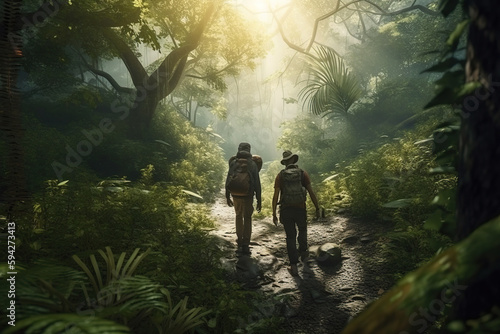 Unrecognizable two travelers with backpack in greens jungle ,rainforest sunlight. Adventure, travel, ecotourism freedom and active lifestyle concept, AI Generative