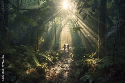 Unrecognizable two travelers with backpack in greens jungle  rainforest sunlight. Adventure  travel  ecotourism freedom and active lifestyle concept  AI Generative