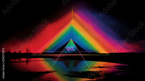 Minimalistic psychedelic album cover art featuring a prism and a rainbow. Generative AI.