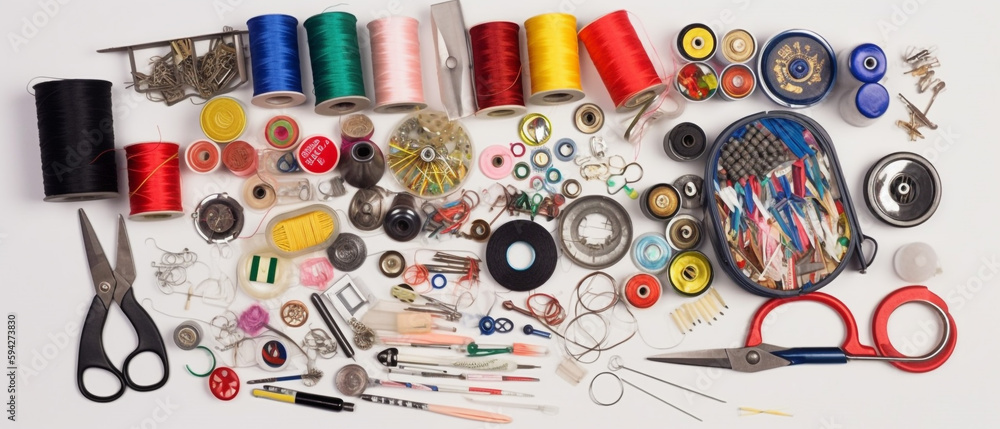 Set of sewing kit with aesthetic arrangement, top view. Set of sewing kit with aesthetic arrangement, top view.
