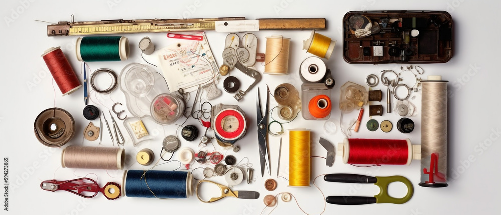 Set of sewing kit with aesthetic arrangement, top view. Set of sewing kit with aesthetic arrangement, top view.
