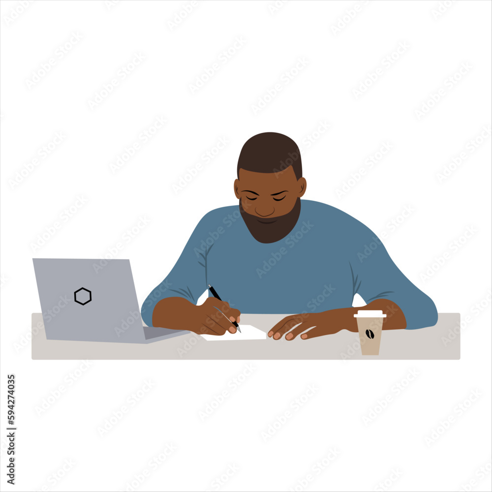 Young black guy studying working online on laptop vector image on white background