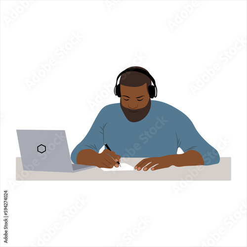 Young black guy studying working online on laptop vector image on white background